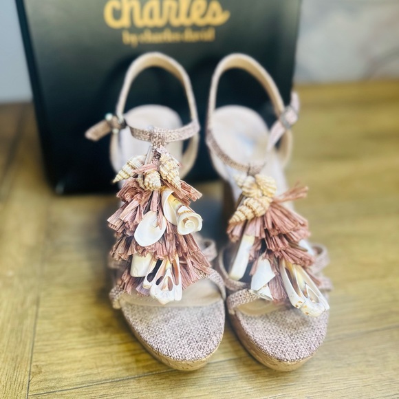 Charles David La Jolla Dark Blush Floral Raffia T-strap Wedge Platform Sandal - Picture 5 of 7